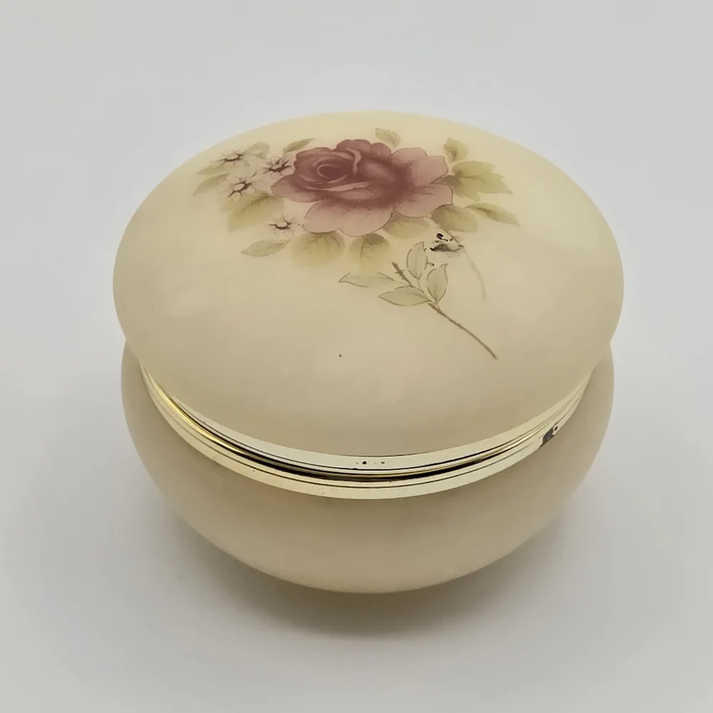 Vintage Genuine Alabaster Hand Carved Floral Trinket Box Made In Italy